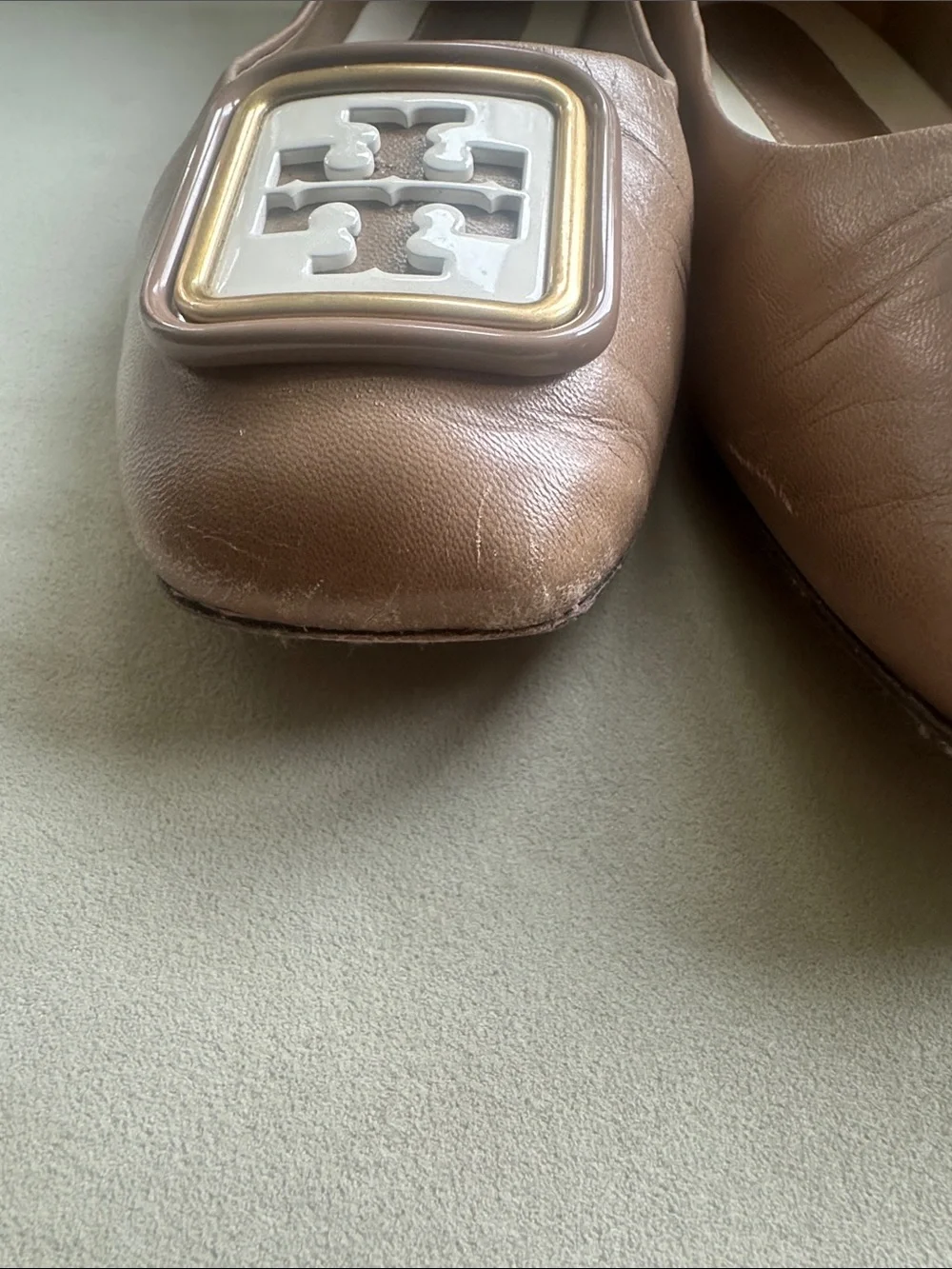 Tory Burch Blush Taupe Square-Toe Logo Ballet Flats